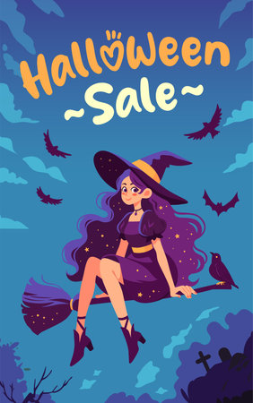 Halloween sale banner. Flying witch on a broomstick and black crow. Cartoon vector illustration. Background with night sky, bats and crows.のイラスト素材