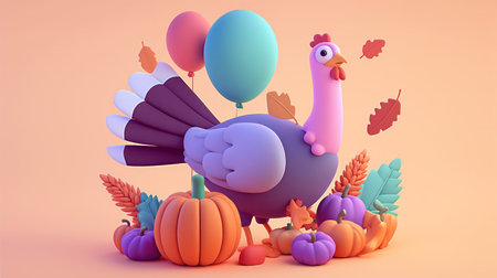 Turkey bird with autumn harvest. 3d cartoon illustration. Thanksgiving greeting cardの写真素材