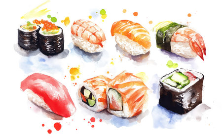 Sushi set. Illustration. Watercolor. Japanese traditional food. Sushi and rolls on white backgroundの写真素材