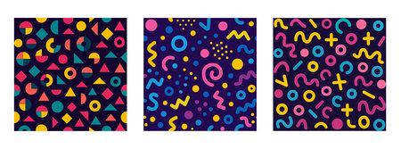 Collection of retro 80s, 90s colorful seamless patterns. Doodle fun kid backgrounds. Childish cool geometric design useful for fabric, textile, cover, banner, label, print, wrapping, wallpaperの写真素材