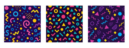 Collection of retro 80s, 90s colorful seamless patterns. Doodle fun kid backgrounds. Childish cool...