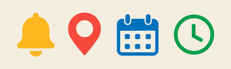 Location, time, calendar and notification bell icons set. Flat vector illustrations of pin, date, clock and bellのイラスト素材
