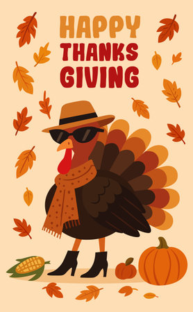Thanksgiving greeting card with cartoon fashionable turkey and harvest. Vector illustration. Funny turkey bird character in a hat, shoes, glasses and scarfのイラスト素材