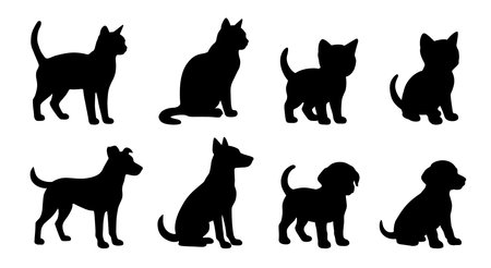 Cat and dog silhouettes set. Vector flat illustrations of petsのイラスト素材