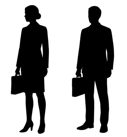 Office workers silhouettes set. Flat illustrations. Standing man and woman in business attire with briefcasesの写真素材