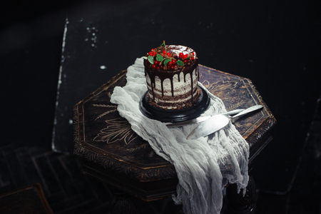 Chocolate cake with red currants on a tableの写真素材