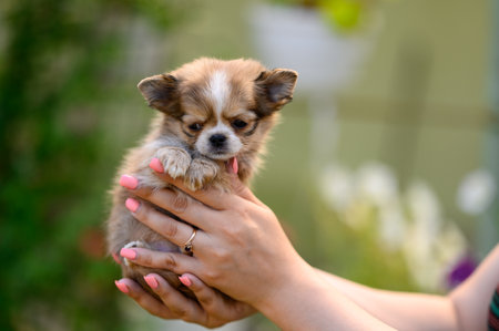 Small light-colored Chihuahua Puppy in human hands. natural green background. Puppy with a sad look.の素材 [FY310188447543]