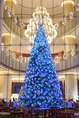 Big blue decorated christmas treeのeditorial素材