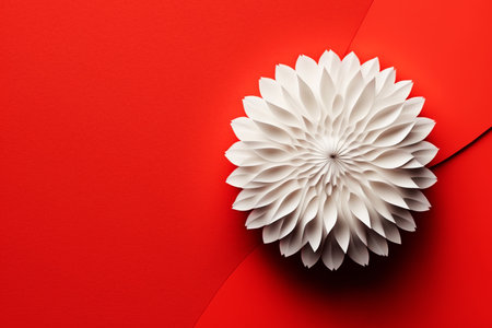 Red abstract paper flower on white paper background. AI generative art.の素材