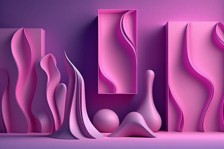 Abstract violet wavy shapes 3d rendering. AI generative artの素材
