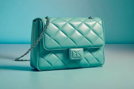 Glossy leather turquoise handbag with rhombus pattern, AI generated art.の素材