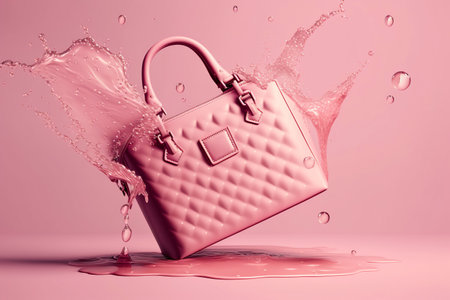 Glossy leather pink handbag with rhombus pattern in splashes of water, AI generated art.の素材