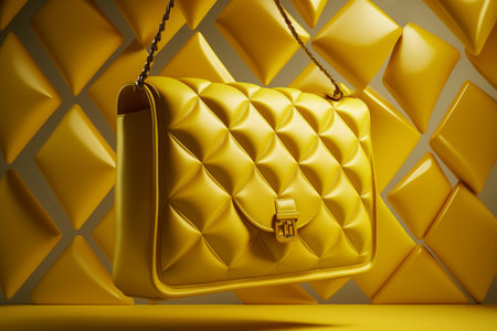 Glossy leather yellow handbag with rhombus pattern, AI generated art.の素材