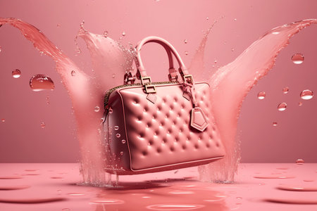 Glossy leather pink handbag with rhombus pattern in splashes of water, AI generated art.の素材