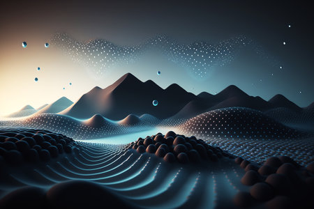 Abstract landscape of connected dots, blue, AI generated art.の素材