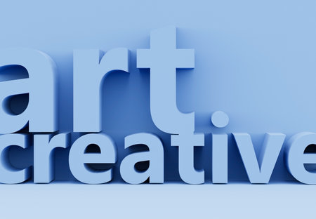 3D letters art creative sign on light blue background. 3d model business concept. Composition in minimal design. Art, technology, business, creativity, modern development conceptの写真素材