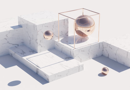 3D podium marble background with golden spheres. Fashion podium. Abstract composition in minimal design. Platforms for product display presentation. Stage showcase.の写真素材