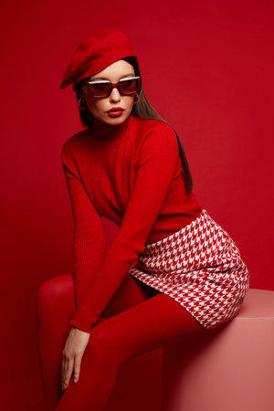 High fashion portrait of young Asian woman in red outfit on red background. Sunglasses, red tights, houndstooth pattern skirt, red beret, red polo neck, black loafers, french fashionの写真素材