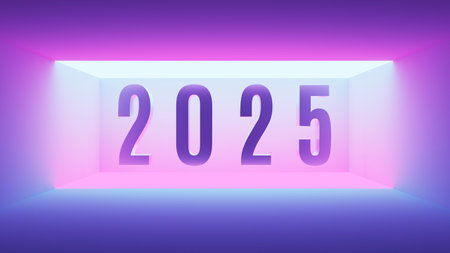 2025 new year. Illuminated 2025 Neon Light Display Festivity Celebration Banner Neon Glow Vibrant New Year. 3d renderingの写真素材