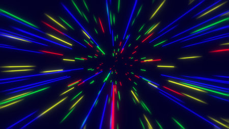 Abstract tunnel of a multicolor spectrum background. Bright rays of neon light and colorful glowing lines moving speed through the dark. 3d renderの写真素材