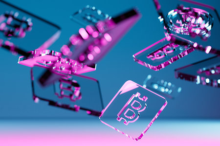 falling glass bitcoins icons with blue and pink light. 3d render Cryptocurrency concept