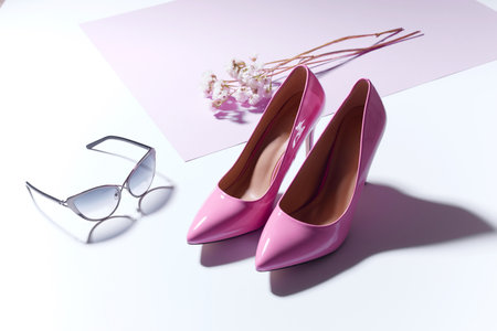 Elegant classic pink shoes. High heels. Cat eye retro sunglasses, flowersの写真素材