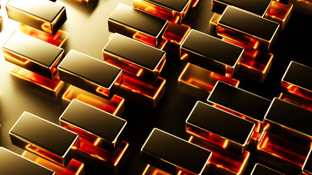 A realistic 3d render showcasing multiple glaming gold ingots. Polished shiny gold bars create a...