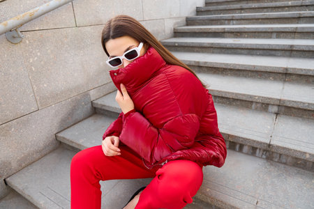 High fashion photo of a young brunette woman in red glossy down jacket, and red pants. Urban street fashion. Monochrome red outfit, trendy white sunglassesの写真素材