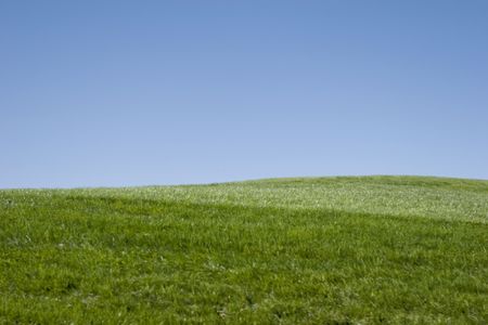 Green grass hills and blue skyの写真素材