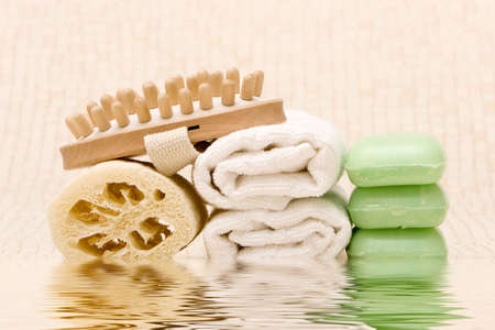 Spa towels, soaps, loofah and rの写真素材
