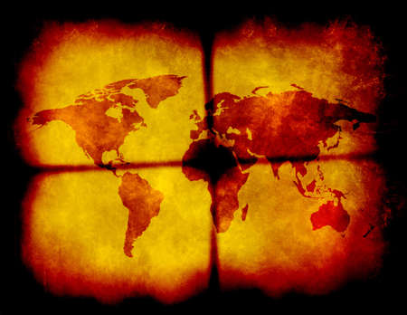 Grungy world map on old paperの写真素材