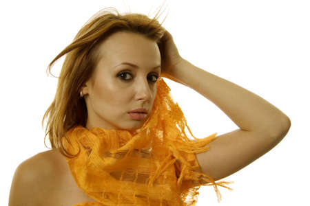 Beautiful woman with yellow scarfの写真素材