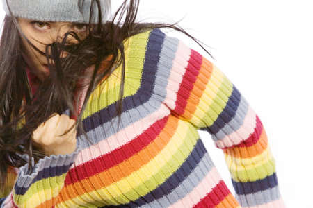 Pretty woman in winter sweater and hatの写真素材