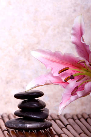 Massage rocks and pink lilyの写真素材