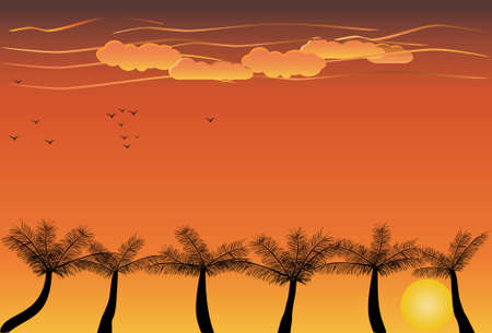 Tropical sunset over palm treesのイラスト素材