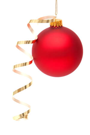 Red Christmas bauble with ribbon on white backgroundの写真素材