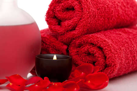 Spa items with rose petalsの写真素材