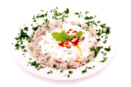 Delicious Turkish tatar borek manti also called dumplingの写真素材