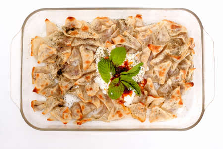 Delicious Turkish tatar borek manti also called dumplingの写真素材