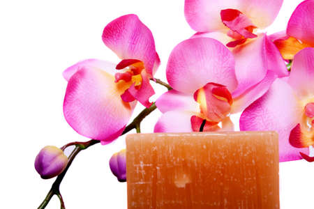 Spa candle and colorful flower for aromatherapy meditationの写真素材