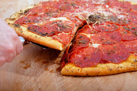 Delicious home cooked pepperoni pizza ready to serve