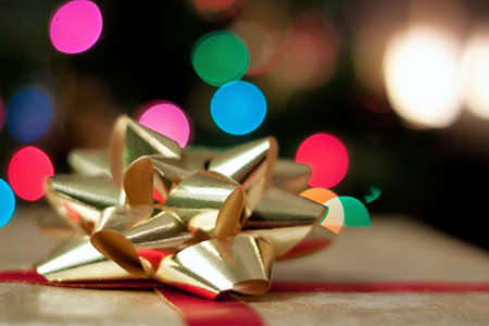 Christmas present and lightsの写真素材