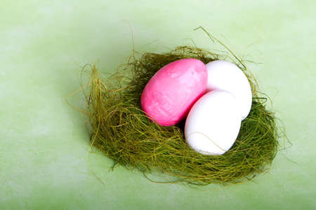 White and pink chicken eggs in a small nest indoor shotの写真素材