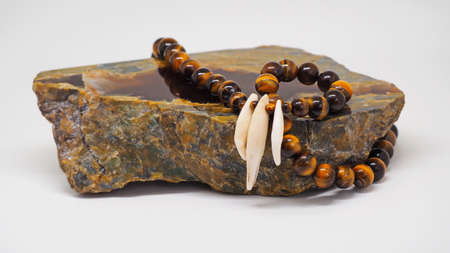 Handicrafts from natural stone, beads and bracelets.の写真素材