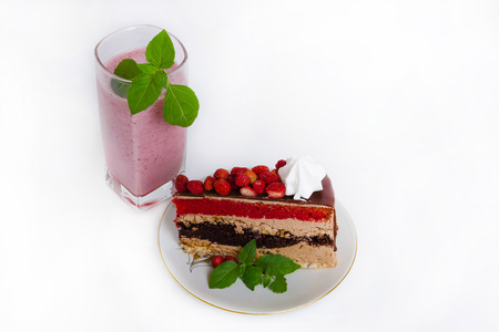 Fantastic layered cake with roses and milk shakeの写真素材