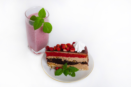 Fantastic layered cake with roses and milk shakeの写真素材