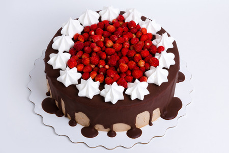 tasty cake with fresh wild strawberries and merengueの写真素材