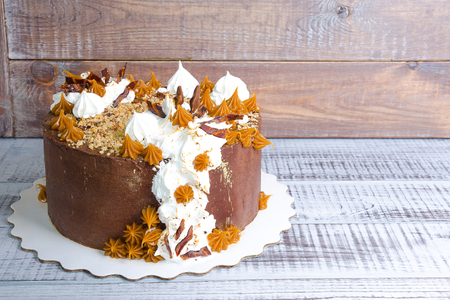 a chocolate cream cheese cake with salted caramel and torched merengueの写真素材