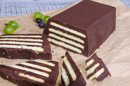 chocolate and vanila cookies dessert with gooseberryの写真素材