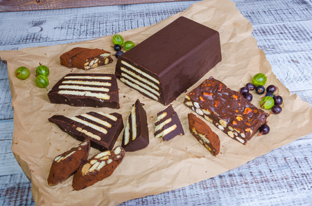 chocolate and vanila cookies dessert with gooseberryの写真素材